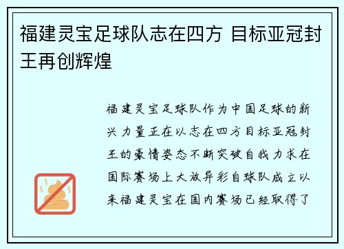 福建灵宝足球队志在四方 目标亚冠封王再创辉煌