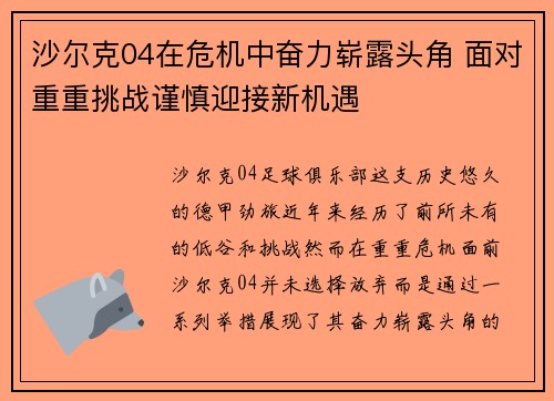 沙尔克04在危机中奋力崭露头角 面对重重挑战谨慎迎接新机遇
