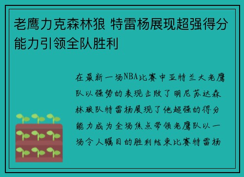 老鹰力克森林狼 特雷杨展现超强得分能力引领全队胜利