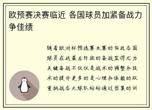 欧预赛决赛临近 各国球员加紧备战力争佳绩