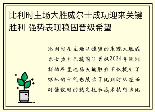 比利时主场大胜威尔士成功迎来关键胜利 强势表现稳固晋级希望