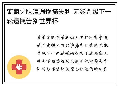 葡萄牙队遭遇惨痛失利 无缘晋级下一轮遗憾告别世界杯